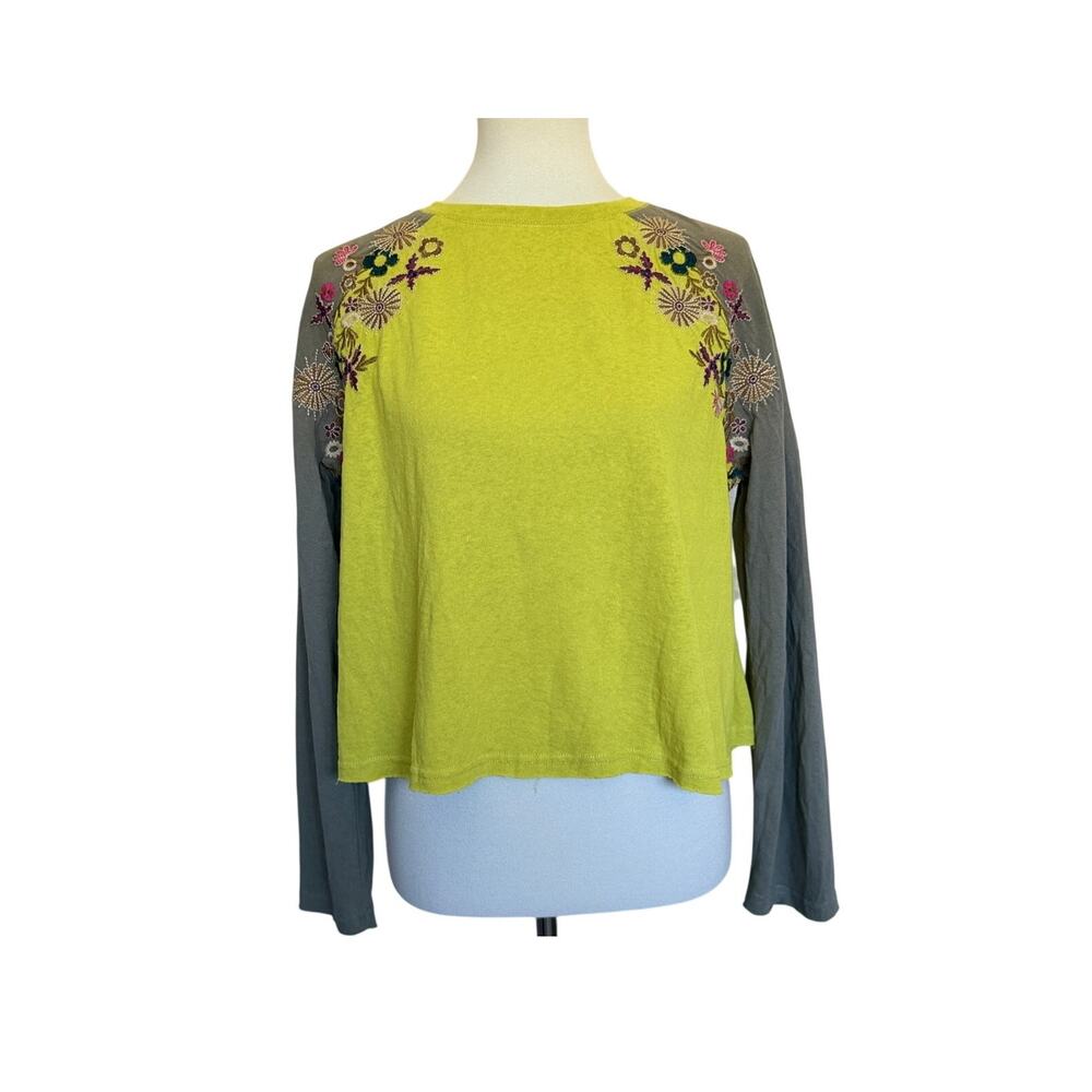 NATURAL LIFE Long Sleeve Embroidered Tee - Yellow and Brown - Size Small